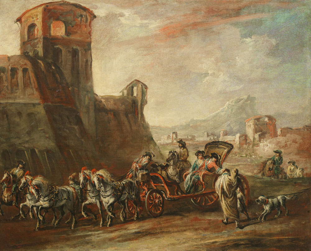 Francesco Antonio Simonini - Elegant figures in a carriage giving alms to peasants by a castle, in an open landscape