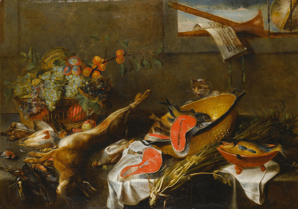 Studio of Frans Snyders - A still life of a cat beside an upturned colander of salmon