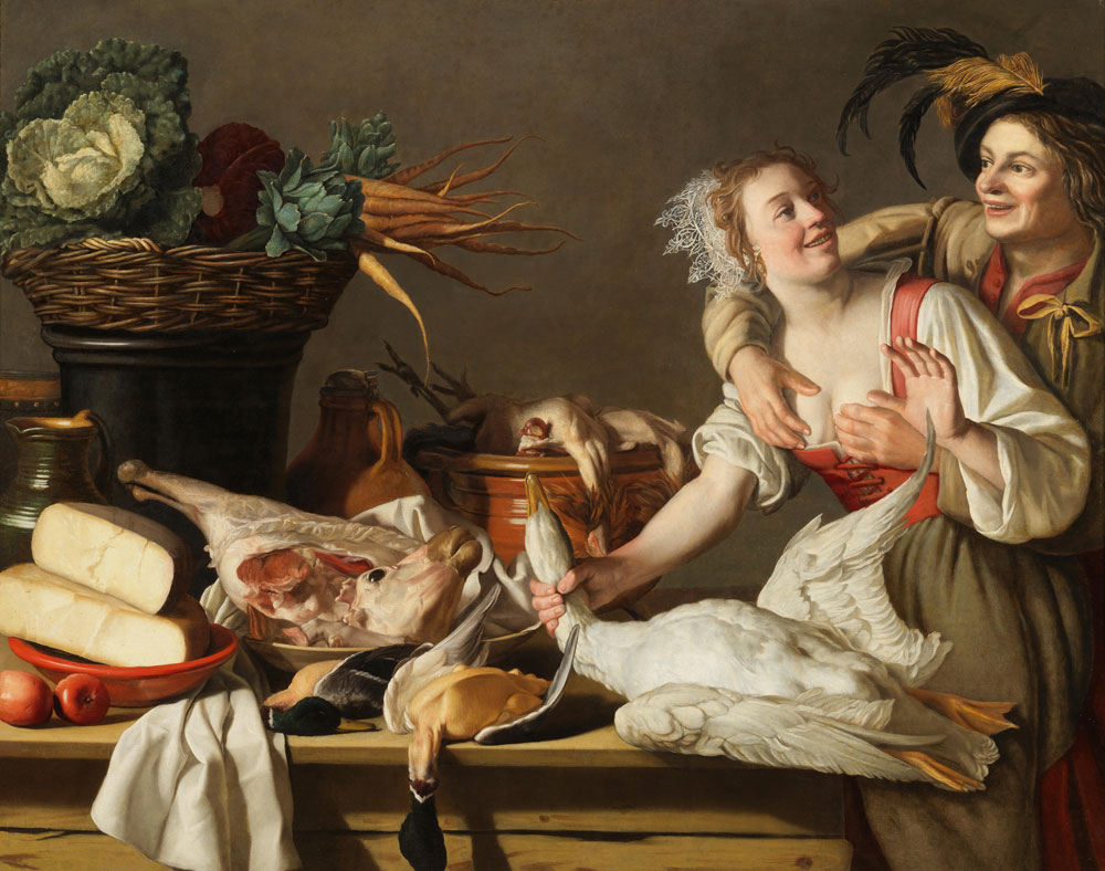 Studio of Gerrit van Honthorst and Studio of Floris Gerritsz. van Schooten - A couple courting in a larder at a table laden with food and game