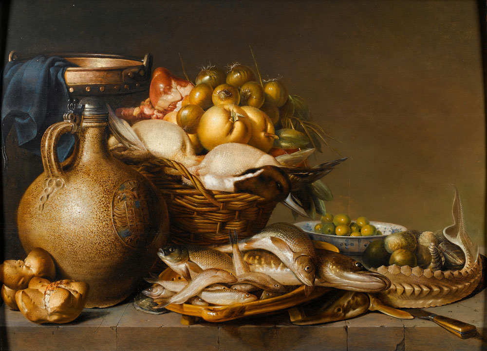 Harmen van Steenwyck - An earthenware bellarmine with a basket of dead ducks