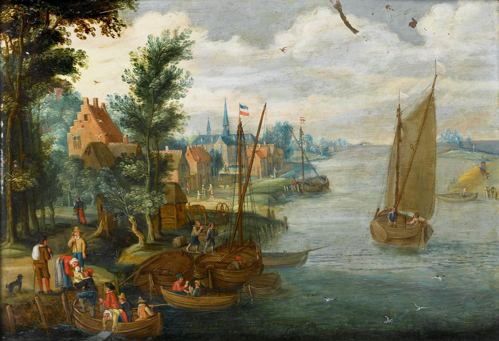 Attributed to Isaac van Oosten - A river landscape with figures loading barges and a ferry in the foreground