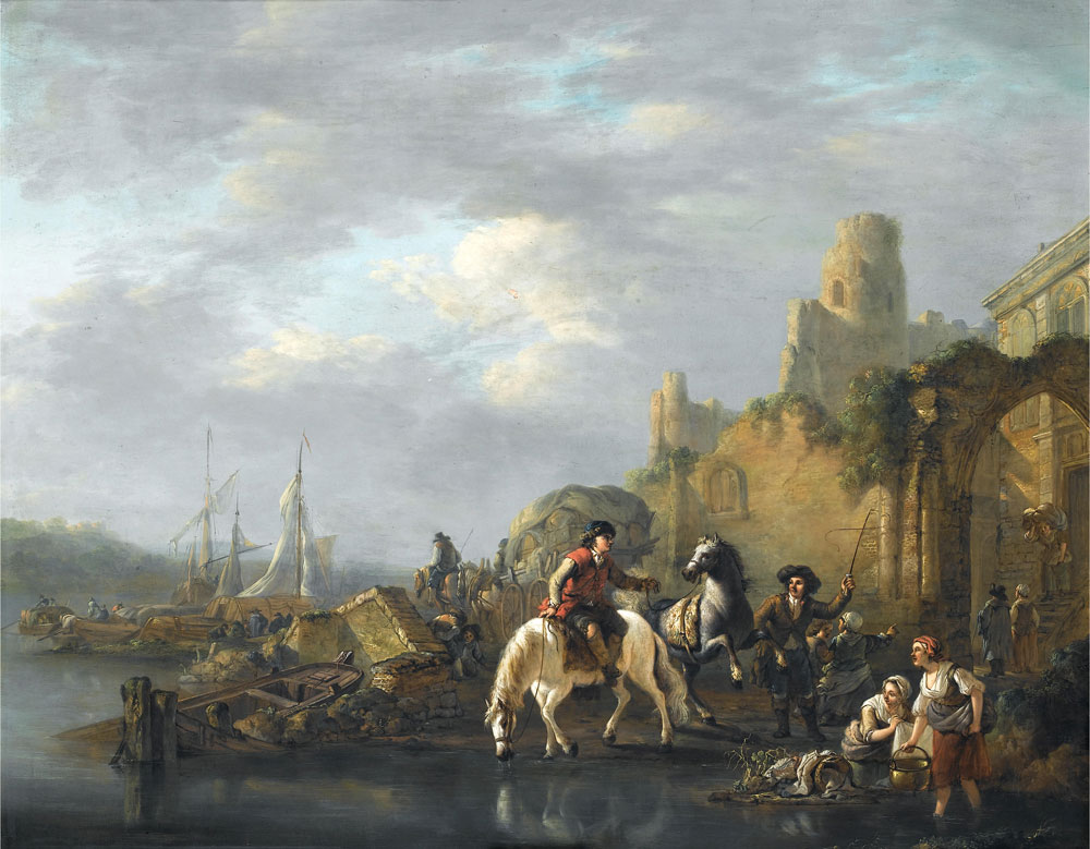 Jacob van Strij - Washerwomen and horsemen on the banks of a river