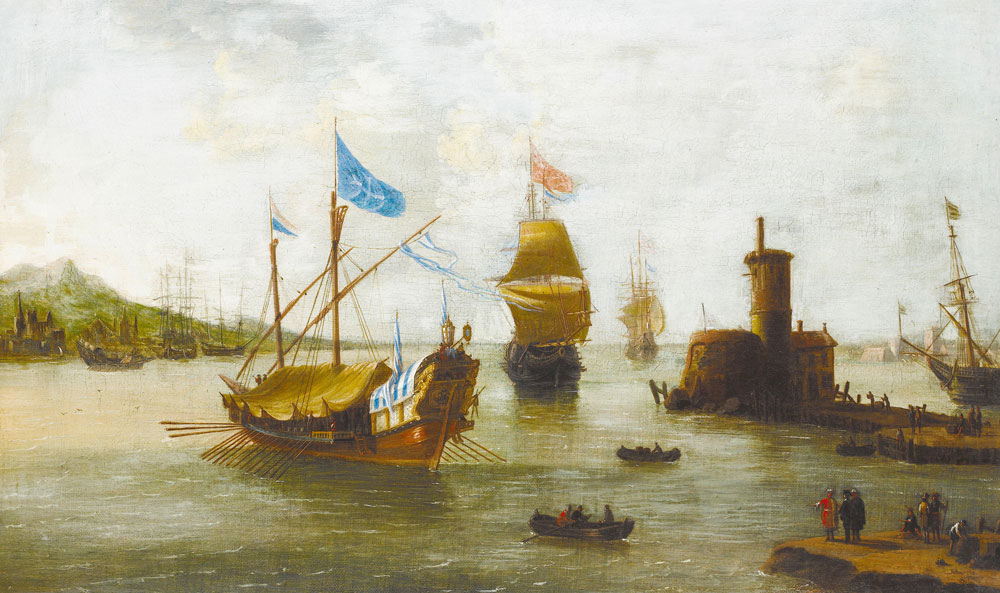 Attributed to Jan Peeters - Shipping approaching a harbour in a calm
