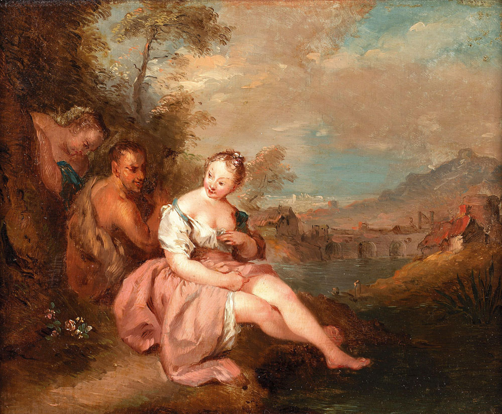 Jean-Baptiste Pater - Two nymphs with a satyr in a river landscape