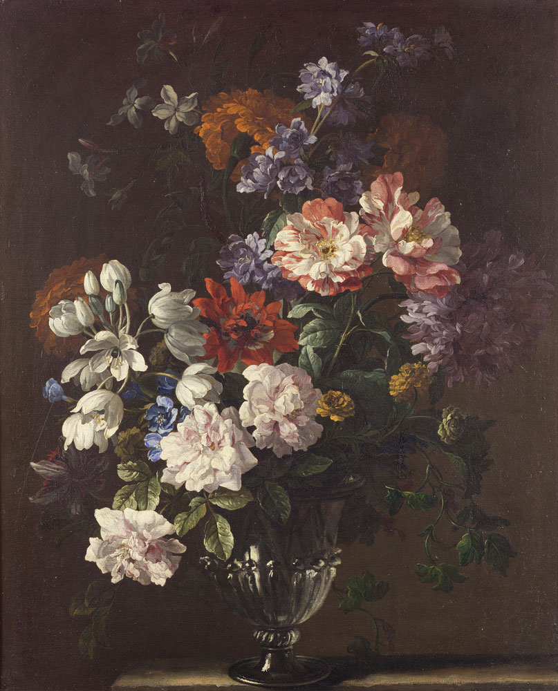 Jean-Baptiste Monnoyer - Carnations, peonies, china aster, and other flowers in a glass vase