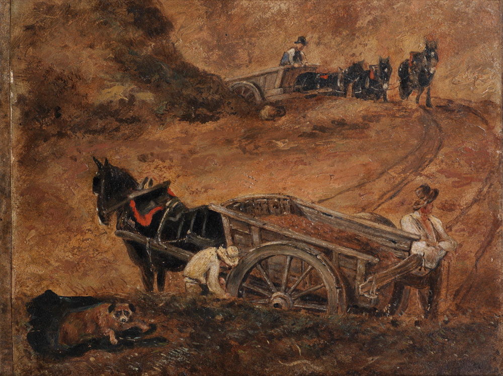 John Constable - A study of figures and horse-drawn wagons on Hampstead Heath, intended for Branch Hill Pond, Hampstead