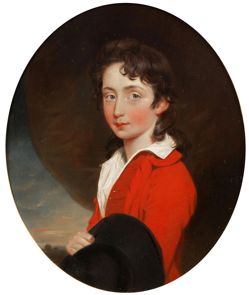 John Downman - Portrait of Thomas Thackery of Bath, half-length, in a red coat, before a landscape