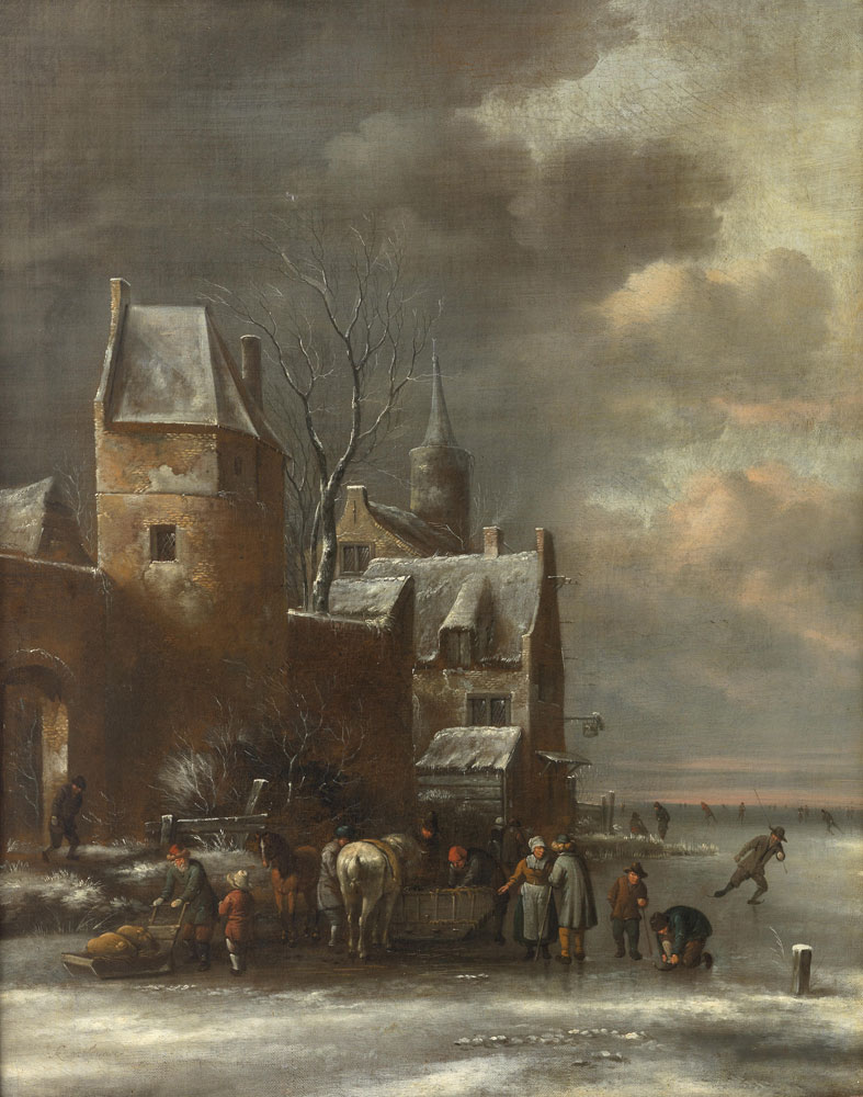 Klaes Molenaer - A winter landscape with figures on a frozen waterway