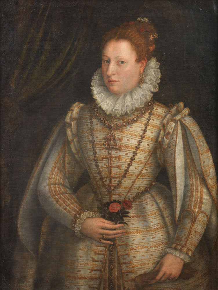 Circle of Lavinia Fontana - Portrait of a noble lady, three-quarter length, in a white and gold embroidered dress