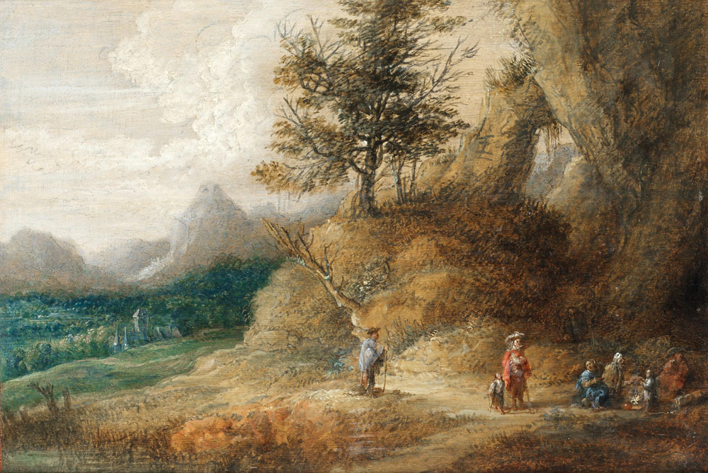 Lucas van Uden - A mountainous landscape with travellers seated around a camp fire