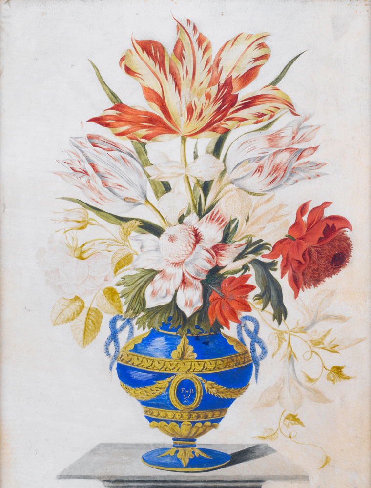 Netherlandish School - Tulips, roses and other flowers in an urn on a stone plinth