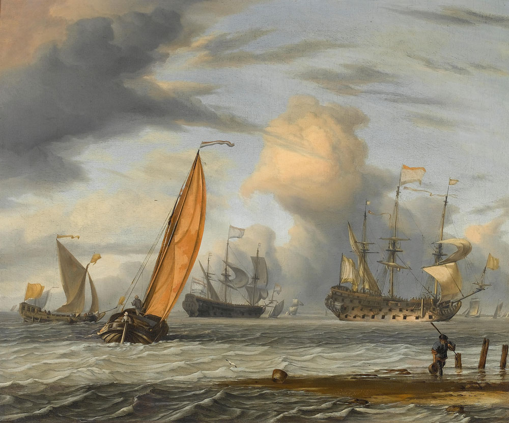 Pieter Coopse - Dutch vessels in choppy seas, a fisherman on the shore in the foreground