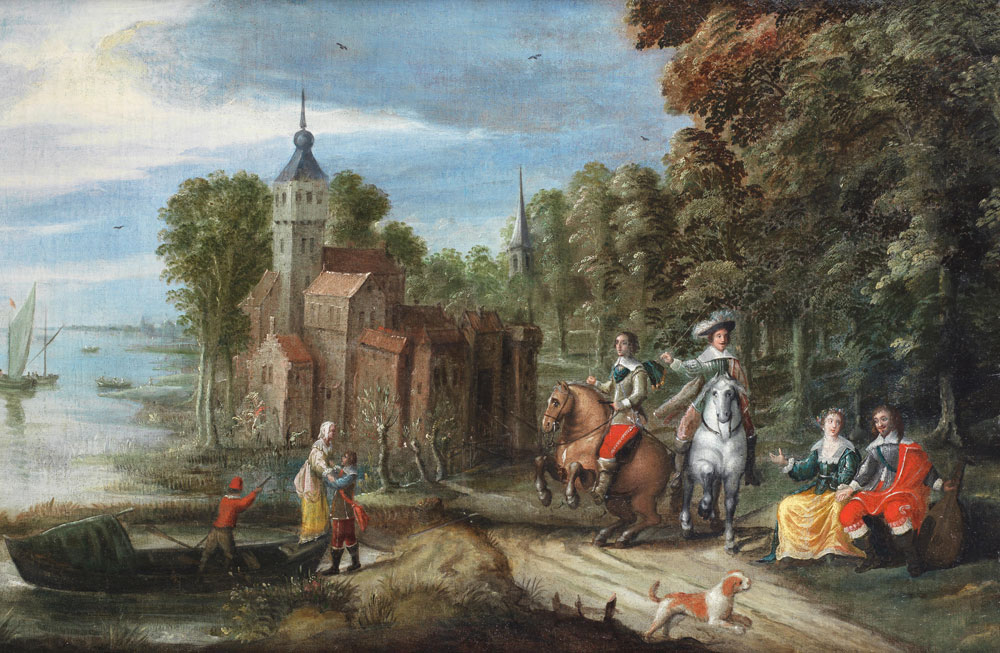 Circle of Sebastian Vrancx - Elegant figures conversing and making music in a wooded landscape, with a village in the distance
