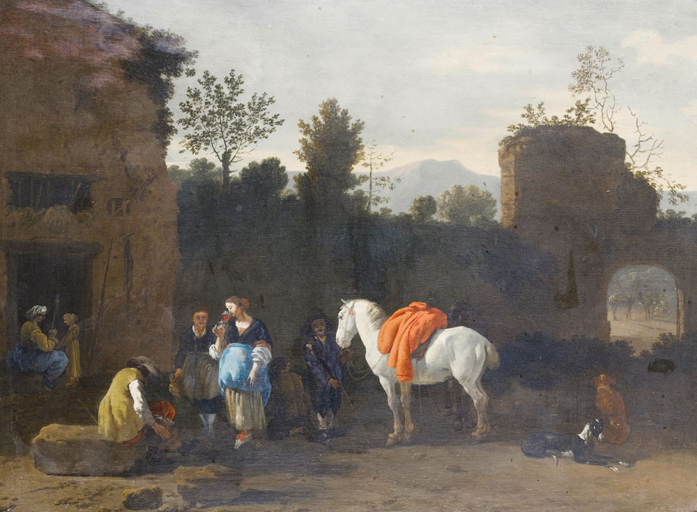 Simon Johannes van Douw - Figures and a horse before an inn