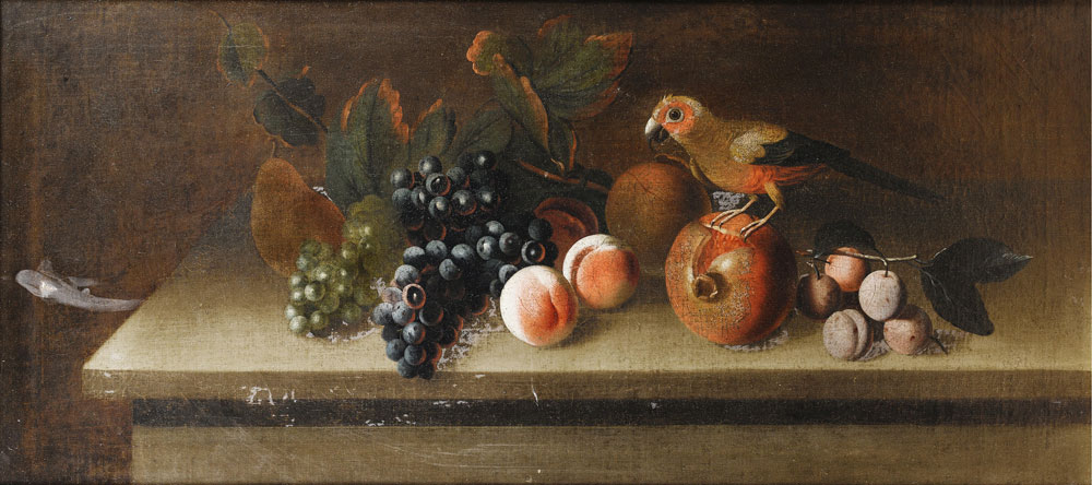 Studio of Tobias Stranover - A parrot with grapes, peaches, plums and a pomegranate