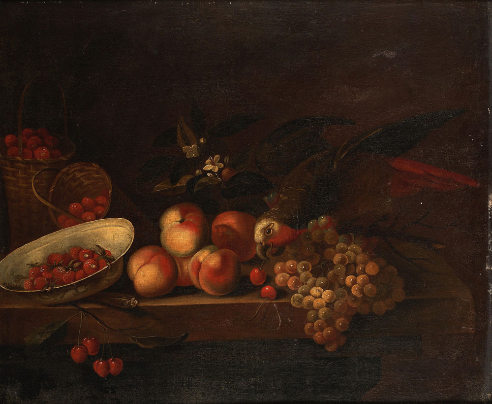 Circle of William Sartorius - Fruit on a stone ledge, with baskets and a porcelain dish of strawberries, with a parrot