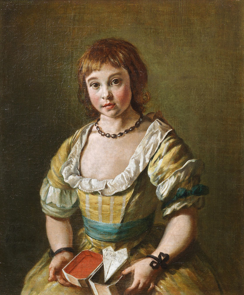 Wybrand Hendriks - Portrait of a young girl, three-quarter-length, in a gold dress with a blue sash, holding a box with a small letter