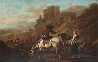 Circle of Abraham Jansz. Begeyn A drover watering his horse and a young woman carrying a bundle of firewood
