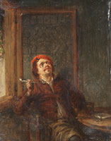 Follower of Adriaen Jansz. van Ostade A toper smoking a pipe in an interior