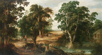 Attributed to Alexander Keirincx A wooded landscape with a hunter and his dog