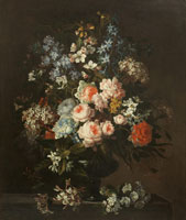 Antoine Monnoyer - Roses, carnations, honeysuckle, apple blossom and other flowers in a glass vase on a stone  ledge