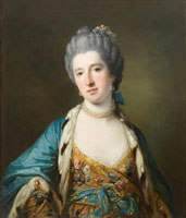 Francis Cotes Portrait of Elizabeth Burdett, half-length, with pearl earrings and necklace, wearing a gold décolleté dress embroidered with flowers, her waist tied with a sash beneath a turquoise gown trimmed with ermine