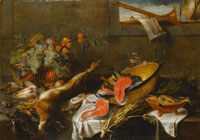 Studio of Frans Snyders A still life of a cat beside an upturned colander of salmon