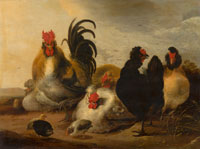 Gijsbert Gillisz d' Hondecoeter Cock and Hens in a Landscape