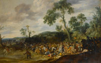 Jan Martszen de Jonge An extensive landscape with a cavalry engagement