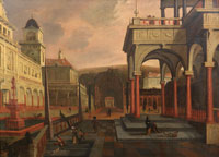 Jan Peeters An architectural capriccio with elegant figures on the steps of a Renaissance palace and a formal garden beyond