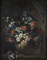 Studio of Jean-Baptiste Monnoyer Peonies, tulips, narcissi, honeysuckle and other flowers in a classical urn, before a stone niche