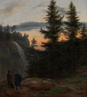 Johan Christian Dahl Two Men before a Waterfall at Sunset