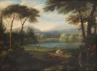 Paolo Anesi An extensive river landscape with a man and his mules on a country path