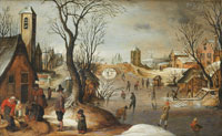 Studio of Sebastian Vrancx A winter village landscape with kolf players and skaters on a frozen river