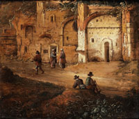 Attributed to Tobias Verhaecht Travellers resting by ruins