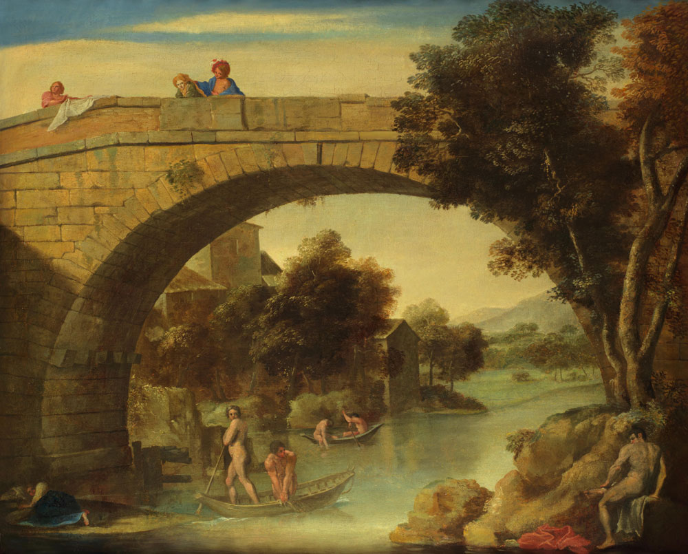 Manner of Annibale Carracci - Fishermen in a Italianate river landscape with figures on a bridge