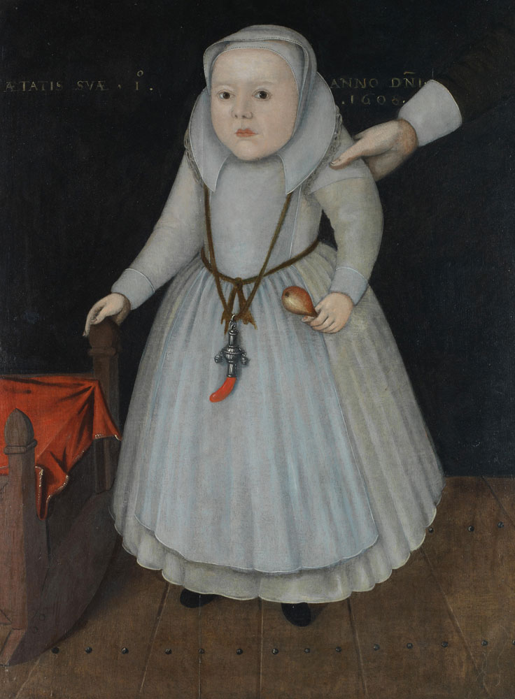 English School - Portrait of a child, full-length, in a white dress, standing beside his cot