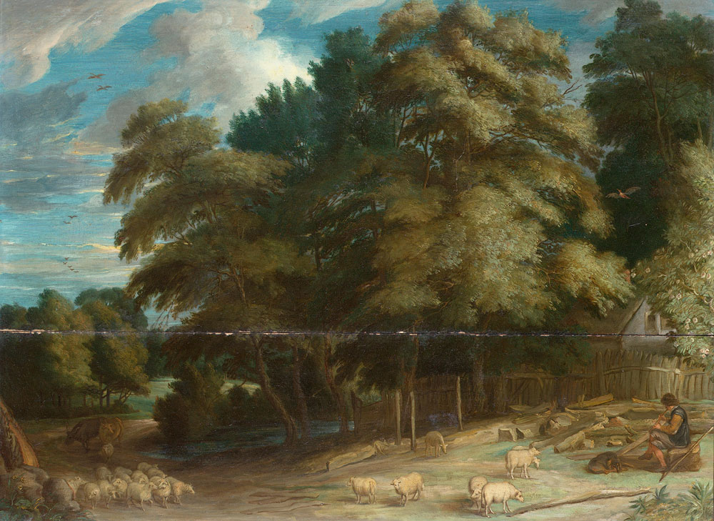 Frans Wouters - A shepherd with his flock in a wooded landscape