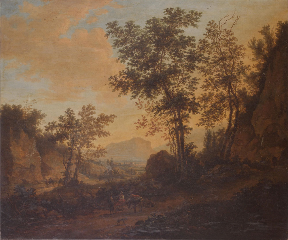 Frederick de Moucheron - Peasants on a track before an extensive landscape at sunset