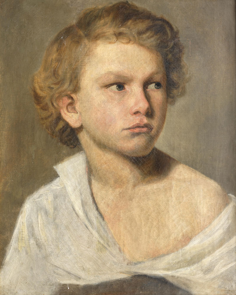 French School - Portrait of a boy, in a white shirt and looking over his shoulder