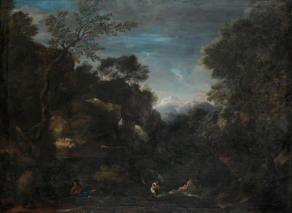 Gaspard Poussin - A fisherman and figures beside a lake