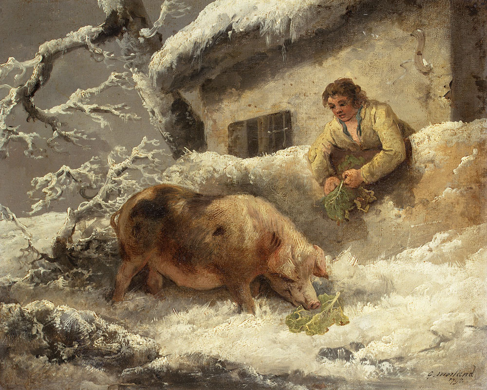 George Morland - A winter landscape with a farmer feeding his pig