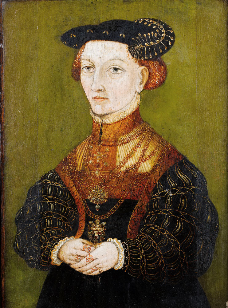German School - Portrait of a lady, three-quarter-length, in a black embroidered dress and a black hat