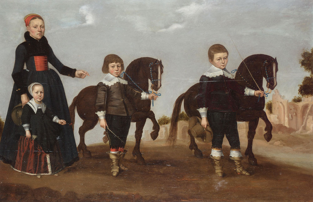 Attributed to Gerrit Donck - A lady with her daughter and two sons with tethered miniature horses