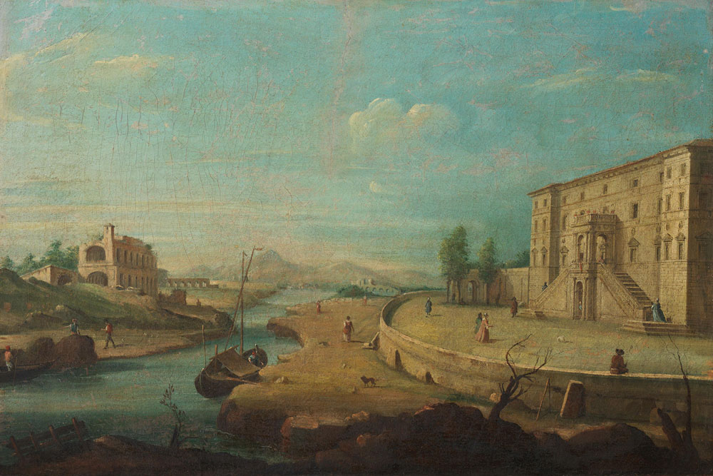 Giacomo van Lint - A capriccio of a landscape in the Roman Campagna with numerous figures beside a river running between Roman ruins to the left and a Renaissance villa to the right