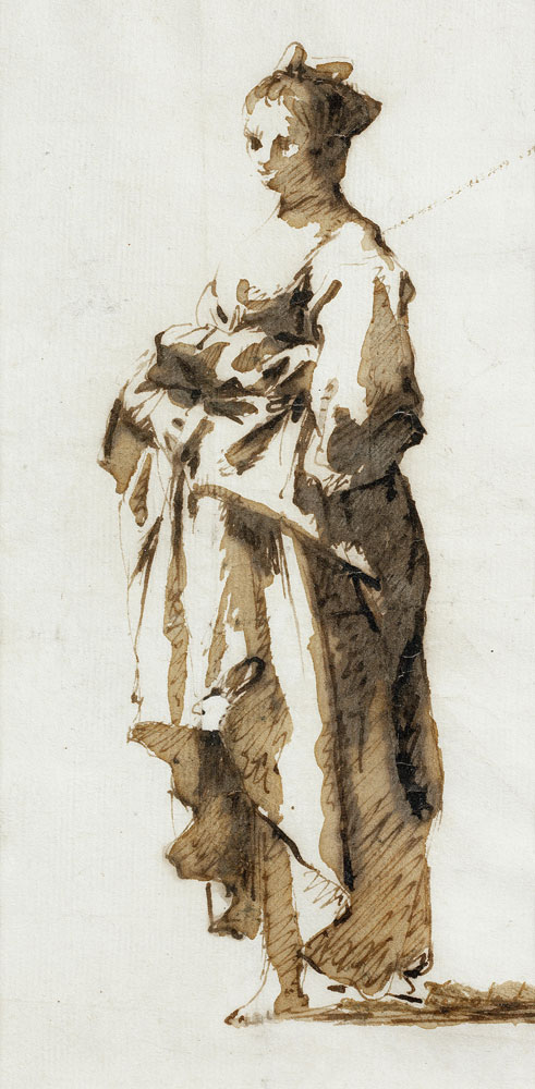 Giovanni Domenico Tiepolo - A woman, full-length, standing, facing left