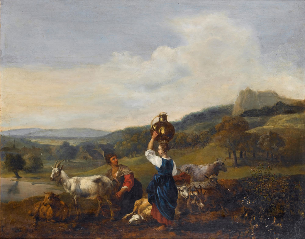 Attributed to Hendrick Mommers - Two peasant women with goats in an Italianate landscape