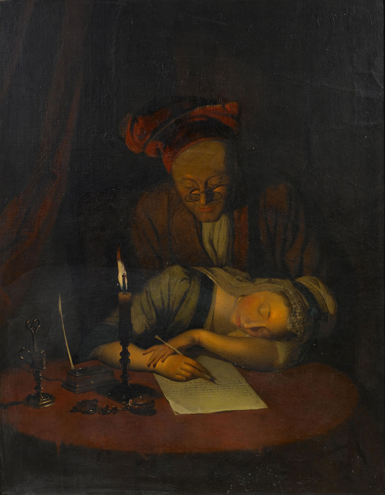 Attributed to Henry Robert Morland - A young woman asleep at her desk