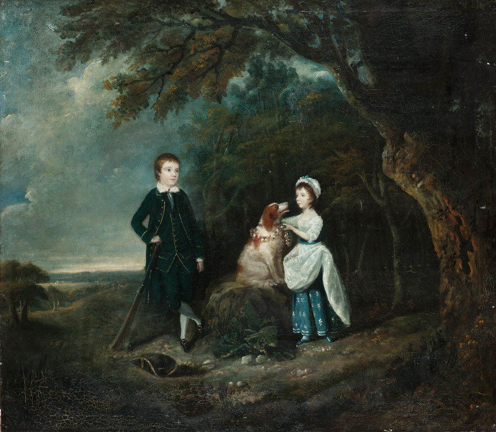 Hugh Barron - Portrait of a young boy holding a cricket bat with a young girl and a spaniel in an extensive landscape
