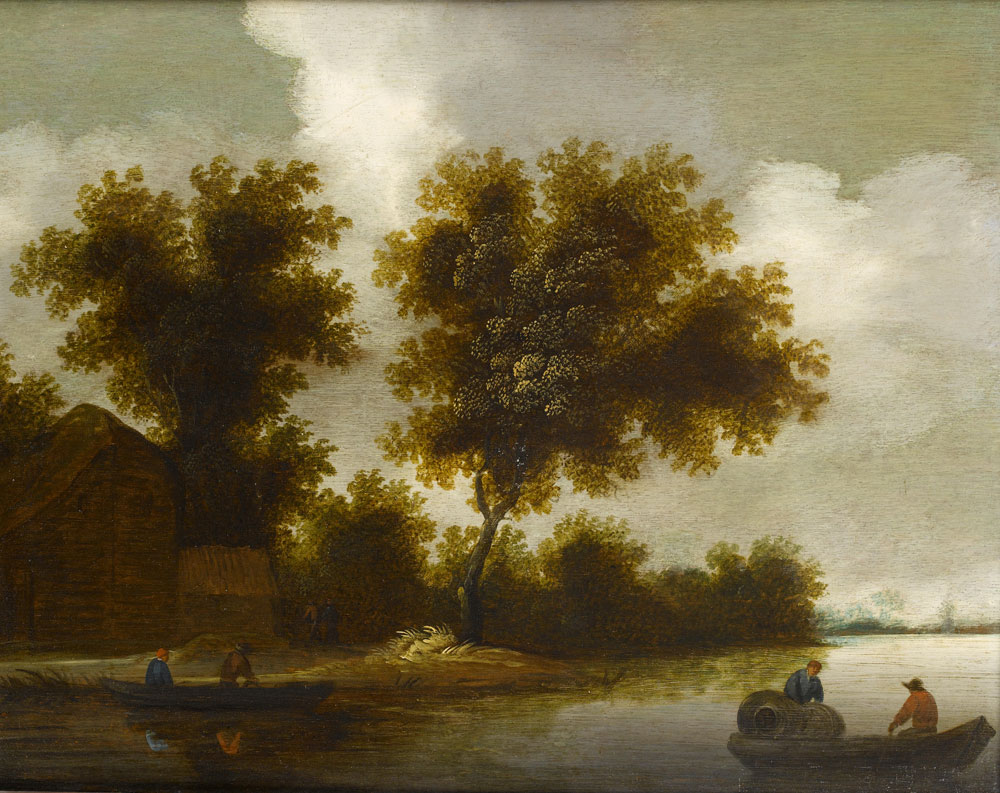 Follower of Jan Josefsz. van Goyen - A farmhouse in a wood, before a river landscape, with rowing boats in the foreground